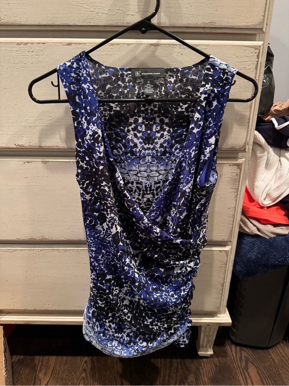 INC International Concepts Blue and Black Printed Draped Tank Top